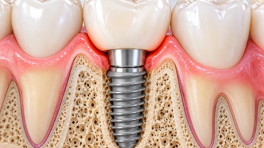 Ilustración de implante dental y corona para explicar molestias al morder Ilustración de implante dental y corona para explicar molestias al morder